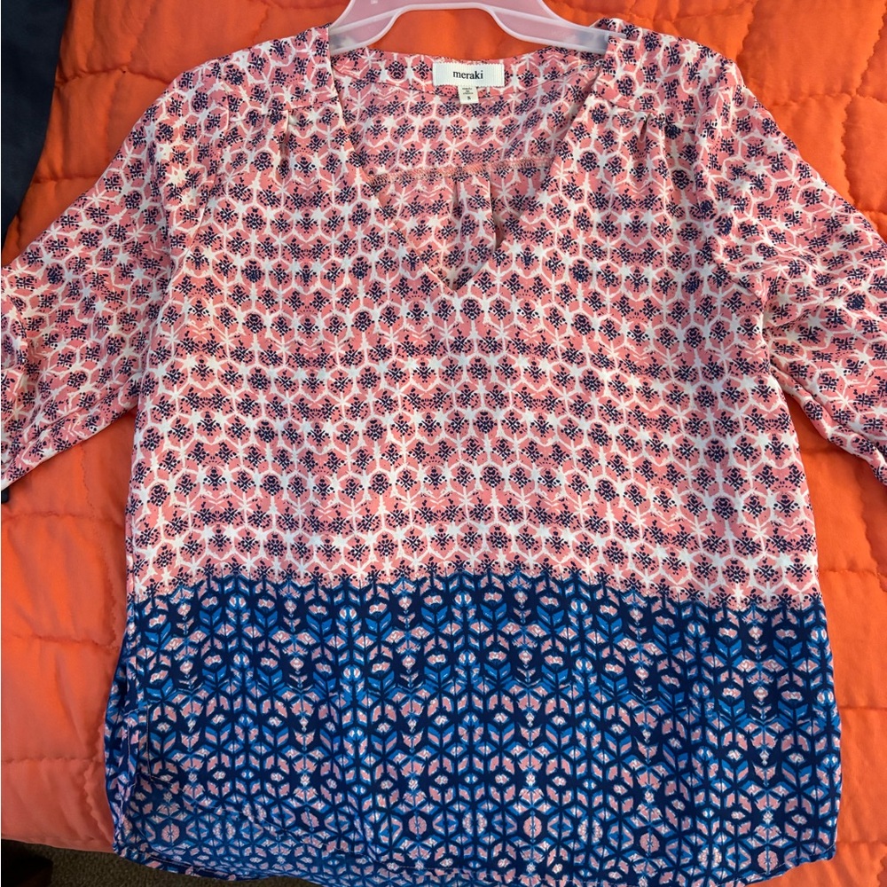meraki Pink and Blue Patterned Tunic Blouse